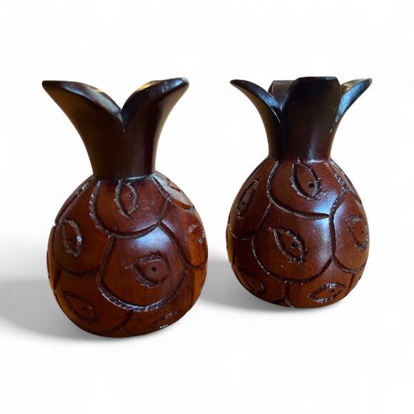 Vintage Hand Carved Pineapples Candle Holders Decor Unique Cute Gift Tablescape - Picture 1 of 4